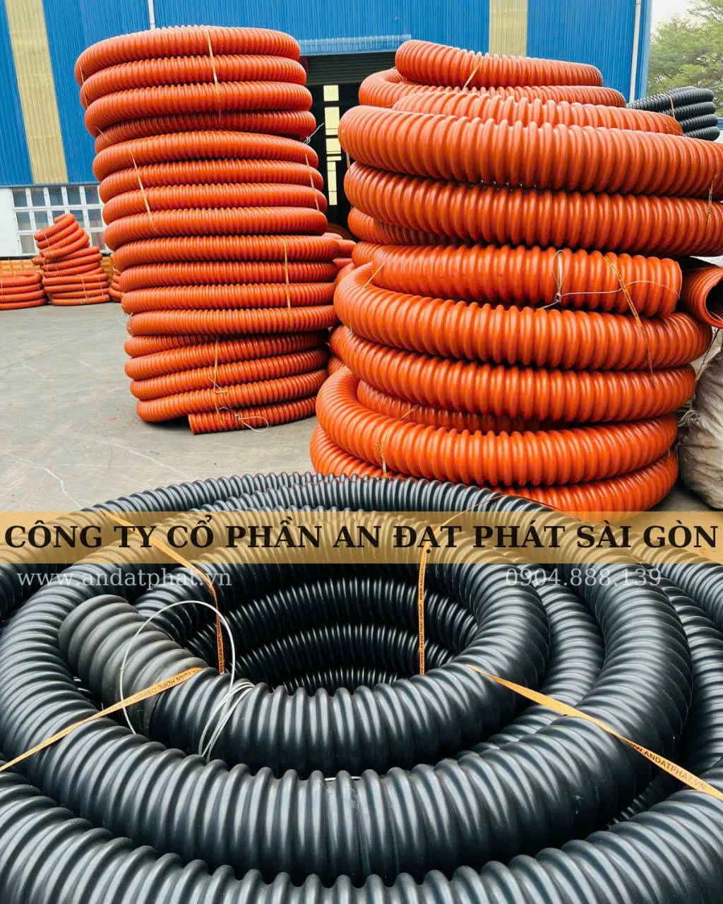 Ống nhựa gân xoắn hdpe màu đen và màu cam